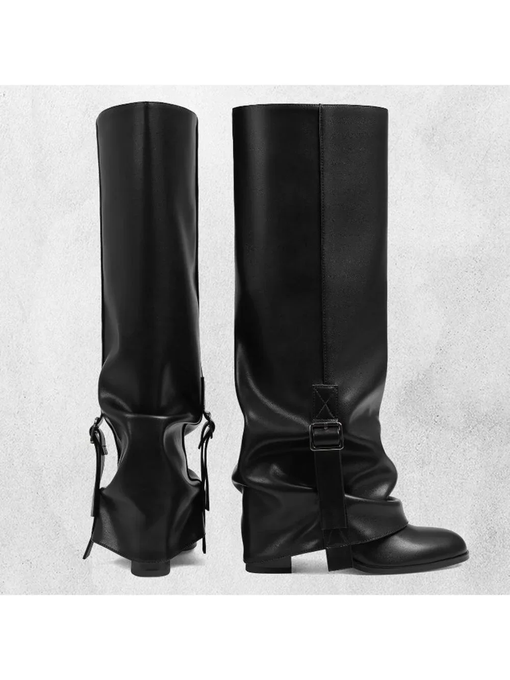 Women's Black Pu Round Toe Chunky Heel Faux Leather Slouch Knee High Boots